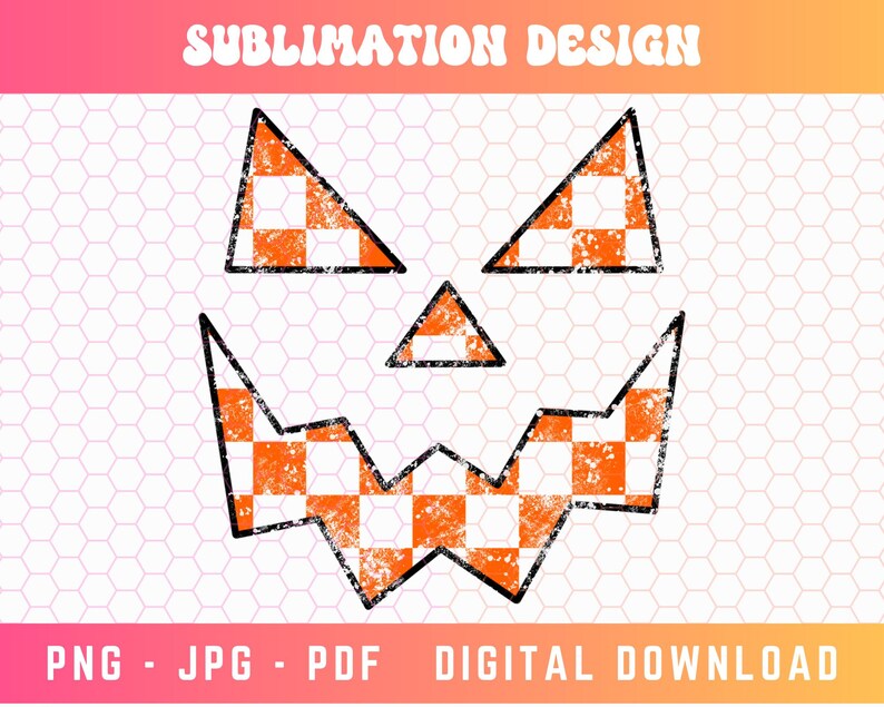 Op de afbeelding: Een zwart en oranje geruit jack-o'-lantern gezicht met een verweerde look. Deze digitale download is perfect voor het maken van Halloween-knutsels en decoraties.