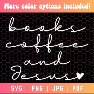 Può includere: Testo bianco su sfondo nero che dice "books coffee and Jesus" con un piccolo cuore bianco alla fine del testo. Il testo è in un font di scrittura a mano. Lo sfondo è un motivo di esagoni bianchi.