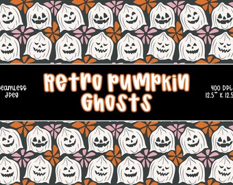 Pumpa spöke sömlöst mönster, Halloween digitala papper, Halloween sömlösa mönster, Retro Halloween bakgrundsbilder, Repeterbart mönster