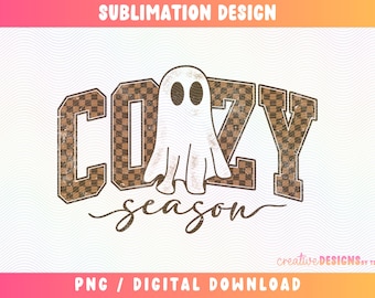 Cozy Season PNG | Trendy Halloween Designs | Checkered Ghost Png | Varsity Font | Fall Sublimation | Distressed | Brown Checkered Print