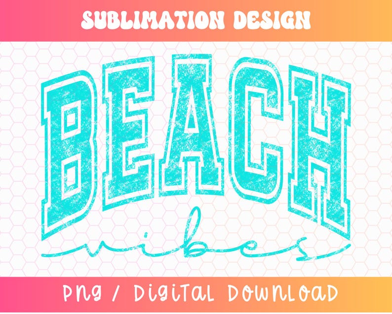 以下が含まれることがあります： くすんだターコイズブルーのグラフィックデザインで、「Beach Vibes」というテキストが、ヴィンテージ調の使い古したフォントで書かれています。テキストは黒で縁取られており、テクスチャがあり、使い古したような外観になっています。
