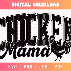 Pode incluir: Design gráfico preto e branco com o texto "Chicken Mama" em uma fonte em negrito e em bloco. Uma silhueta de galo é posicionada à direita do texto.