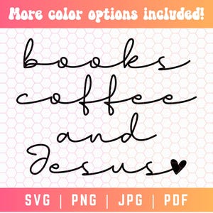 Op de afbeelding: Zwart-witte cursieve tekst grafisch ontwerp met de woorden "boeken, koffie en Jezus" met een klein zwart hartje aan het einde. De tekst staat op een witte achtergrond met een zeshoekig patroon.