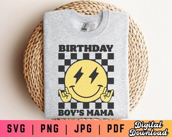 Birthday Boy's Mama SVG PNG, Birthday Mama Svg, Checkered Svg, Lightning Bolt Svg, Happy Face Svg, Digital Craft Files For Cricut/Silhouette