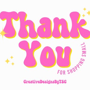 May include: Pink and yellow retro-style text that reads "Thank You for Shopping Small" with a small star design. The text is in a bubbly font and the words "Thank You" are larger than the rest of the text. The text is on a white background.