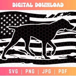 Puede incluir: Una silueta negra de un perro de pie frente a una bandera estadounidense desgastada. La bandera tiene un fondo blanco con rayas rojas y blancas y estrellas azules en la esquina superior izquierda.