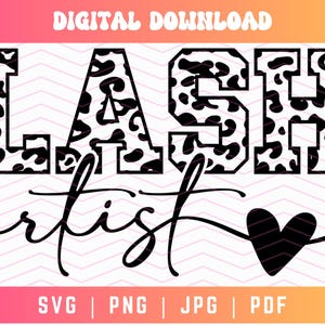 Pode incluir: Design gráfico preto e branco com estampa de leopardo, o texto "LASH artist" e um coração preto.