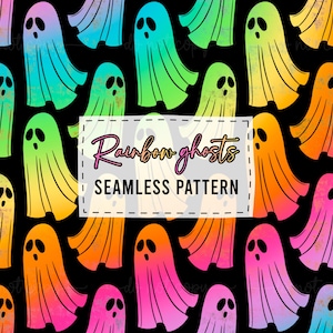 Puede incluir: Un patrón continuo con múltiples fantasmas en varios degradados de arcoíris sobre un fondo negro. Una etiqueta rectangular blanca central contiene el texto Rainbow ghosts SEAMLESS PATTERN en letras negras y moradas.