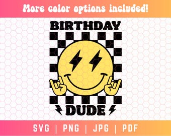 Birthday Dude SVG PNG, Birthday Boy Svg, Checkered Svg, Lightning Bolt Svg, Happy Face Svg Png, Boy Birthday Svg Png, Digital Download