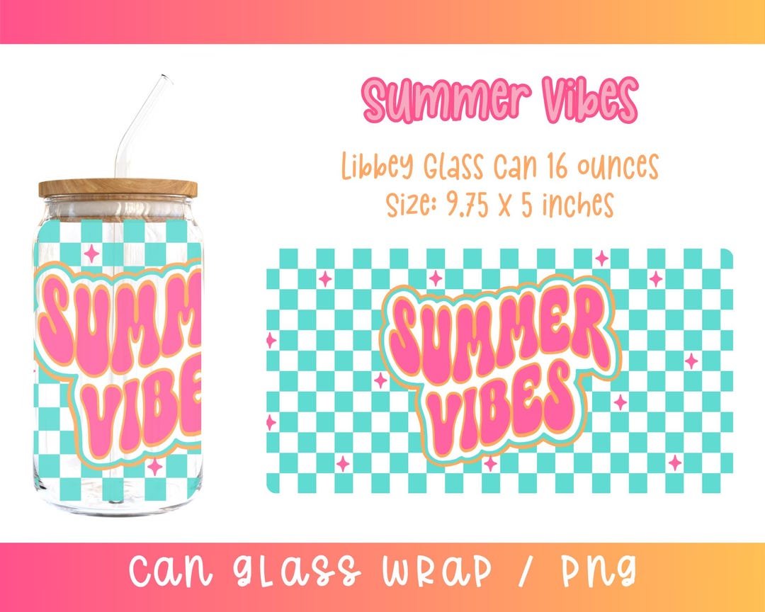 Summer Vibes 16 Oz Libbey Glass Can Wrap PNG, Checkered Cup Wrap Png ...