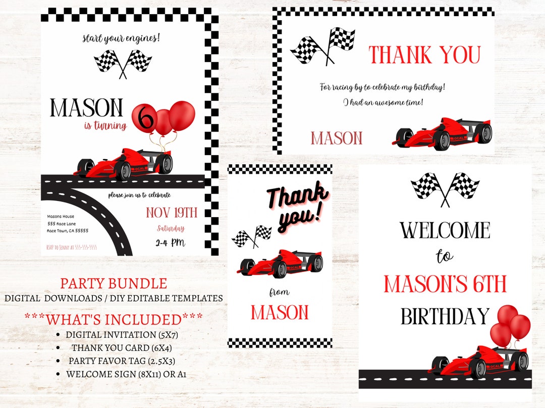 Race Car Birthday Party Template Bundle, Racing Party Invitation, Race