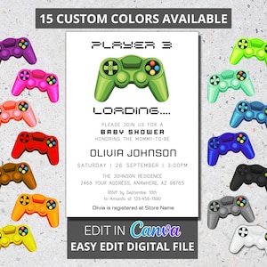 May include: A digital baby shower invitation featuring the text PLAYER 3 LOADING, a green game controller, and event details for Olivia Johnson. The design is surrounded by 15 colorful game controllers on a light gray background with Canva branding.