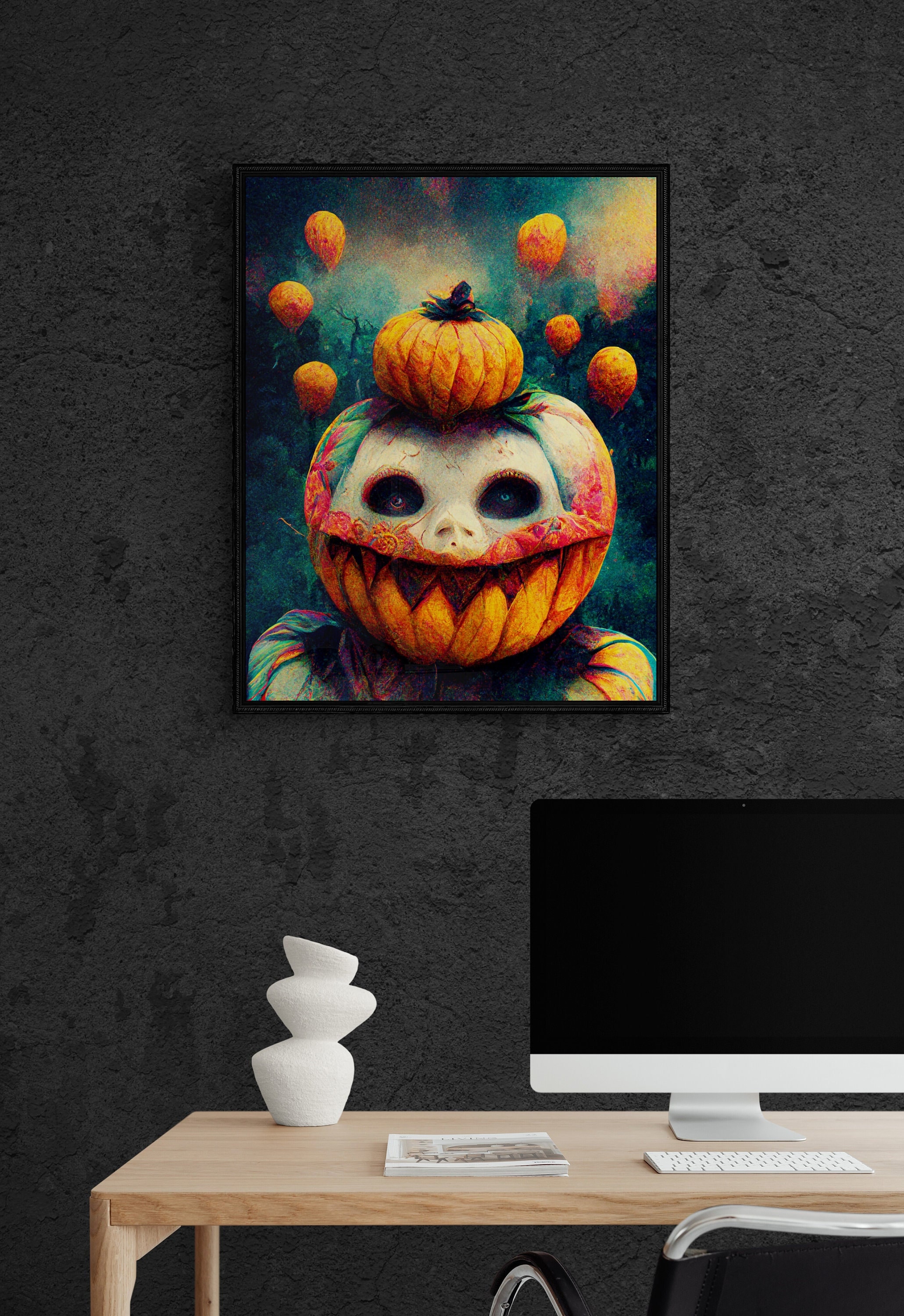 Scary Clown At Pumpkin Patch Art Halloween Surreal AI Art AI Created scary-clown-at-pumpkin-patch-art-halloween-surreal-ai-art-ai-created