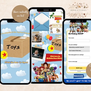 May include: Three smartphones displaying a digital birthday invitation template with a Toy Story theme. The screens feature a brown cardboard box labeled Toys, a blue sky background with white clouds, character illustrations, and RSVP form fields.
