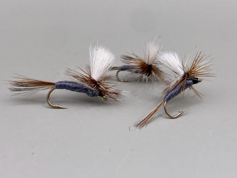 May include: Three fly fishing lures with brown and white feathers and a blue body.