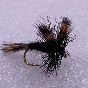 May include: A black and brown fly fishing lure with a gold hook and a green bead.