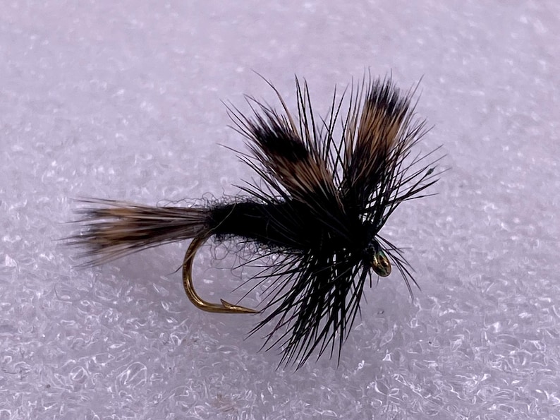 May include: A black and brown fly fishing lure with a gold hook and a green bead.