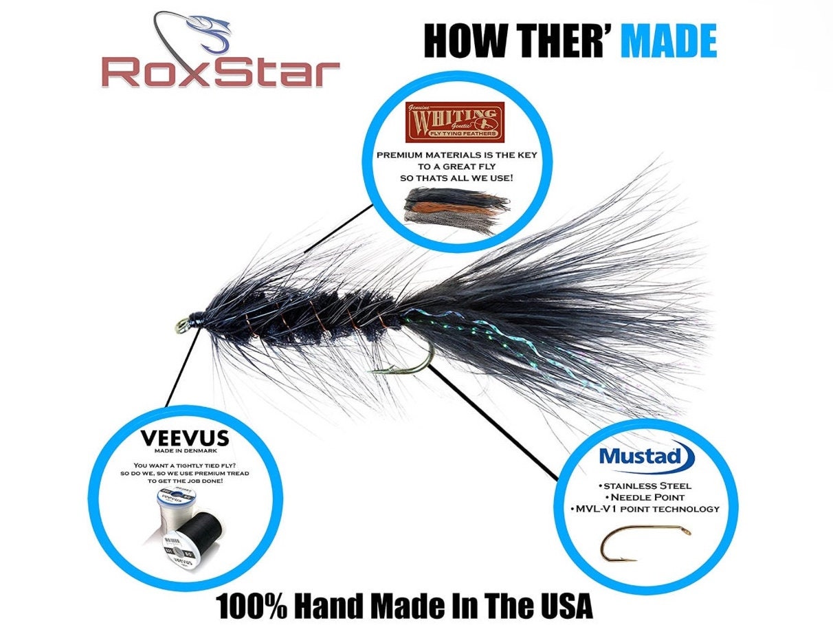 Trout Fishing Gear 24-Piece Woolly Bugger Fly Assortment - Trout Streamer Flies With Fly Box (Green/Black/Orange) Fly Reel