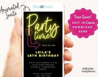 Pink Neon Digital Birthday Invitation Template Text Message - Etsy