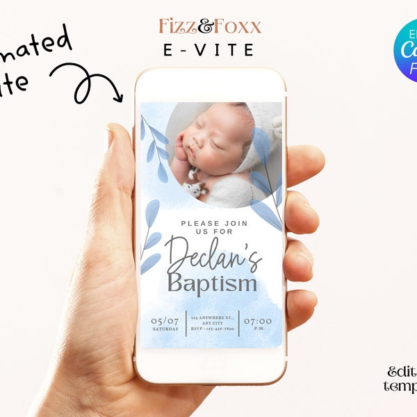 Electronic Baptism Invitation Template, Blue Leaf Christening Invitation Template, Editable Baptism Evite, Boho Baptism Photo Invitation