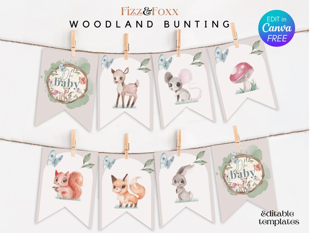 Printable Woodland Creatures Banner, Woodland Baby Shower Bunting ...