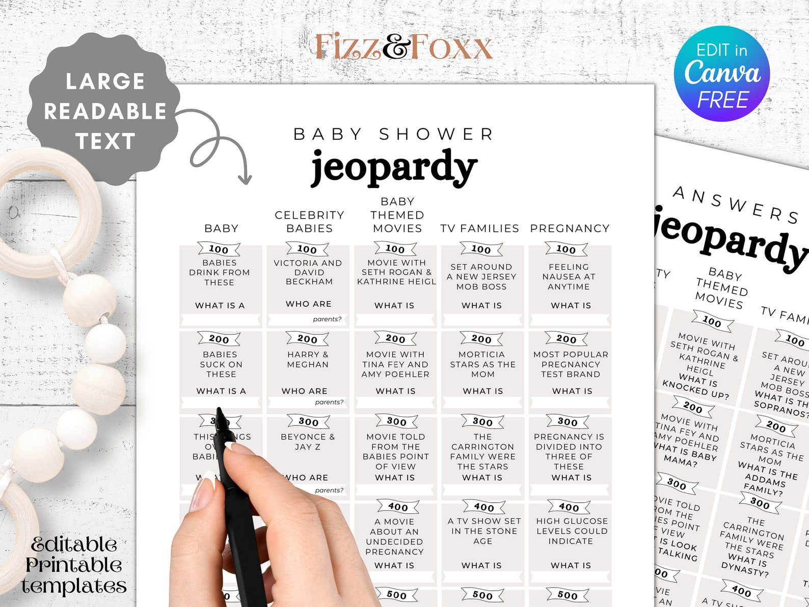 Baby Shower Jeopardy Game CANVA TEMPLATE Icebreaker Activity, Printable Trivia Quiz, Modern and
