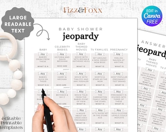 Jeopardy Baby Shower Game printable, baby shower jeopardy sheet, baby shower trivia game, baby shower jeopardy game, Canva Template