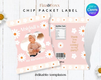 Daisy Chip Bag Template Canva Editable, Chip packet label, Daisy birthday decorations, Chip Bag Birthday Party, chip bag wrapper