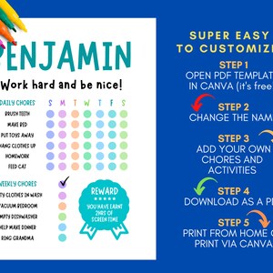 Editable Childrens Chore Chart Template Chore Chart Canva Etsy