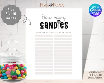 Guess how many candies in the jar baby shower printable game, Guessing candy sign, Minimalist baby shower games, Editable Canva