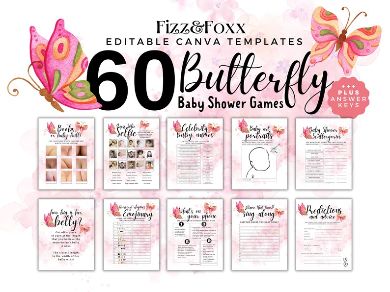 60 PRINTABLE Butterfly Baby Shower Games Bundle, EDITABLE Pink