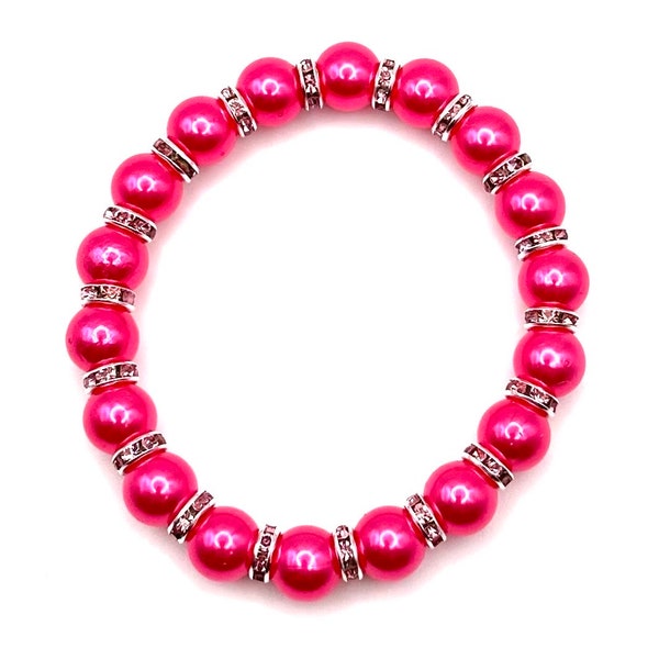 Perla sintética de 10 mm, fucsia, rojo, amarillo, verde, azul, morado, marrón y gris, con espaciador plateado, pulsera de 7"