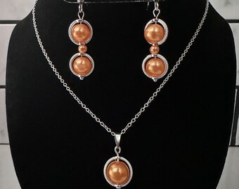 Orange Pearl with Silver Links Connector 2” Earrings & 20” Silver Necklace Set