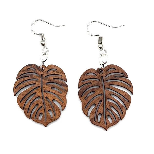 2” Monstera Hawaiian Tropical Wooden Leaf Earring made from Walnut Wood Christmas Gift Birthday Wedding Prom Easter Holiday Mother’s Day