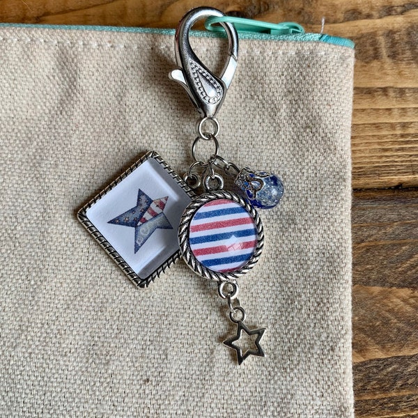 Americana Zipper Pull, Red White and Blue Keychain Charm, Patriotic Scissor Fob