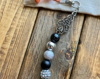 Beaded Zipper Pull, Beaded Keychain, Beaded Scissor Fob, Black and Silver Zipper Pull, Silver Key Ring Charm, Bubblegum Bead Keychain