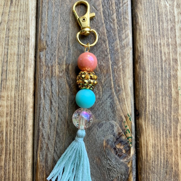 Beaded Zipper Pull, Beaded Scissor Fob, Beaded Keychain, Coral and Teal Bubblegum Beads, Beaded Zipper Charm