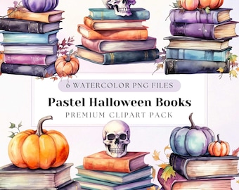 Pastel Halloween Books Clipart Pack, High-Quality PNG Files, Transparent Background, Watercolor Pumpkins, Skulls, Books, Commercial License