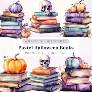 Puede incluir: Seis ilustraciones de acuarela de pilas de libros de color pastel con decoraciones de temática de Halloween. Las decoraciones incluyen una calavera, calabazas y calabacines.