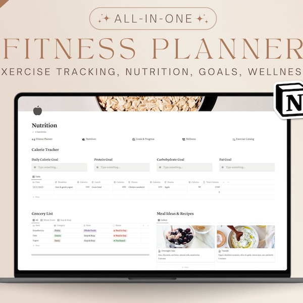Ultimate Fitness Planner Notion Template | 2024 Goal Daily Exercise Tracker, Food Log Meal Planner, Weight Loss, Wellness, Progress Tracking