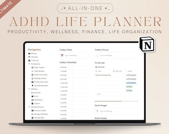 ADHD Life Planner Notion Template | Productivity, Health, Fitness, Life Organization | Daily, Weekly, Monthly Journal for Neurodivergents