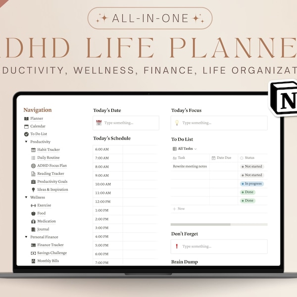 ADHD Life Planner Notion Template | Productivity, Health, Fitness, Life Organization | Daily, Weekly, Monthly Journal for Neurodivergents