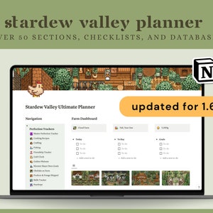 Stardew Valley 更新版 v1.6 Notion テンプレート、1000 以上のアイテム、50 以上のセクション、パーフェクション トラッカー プランナー、チェックリスト、クエスト、ガイド、バンドル