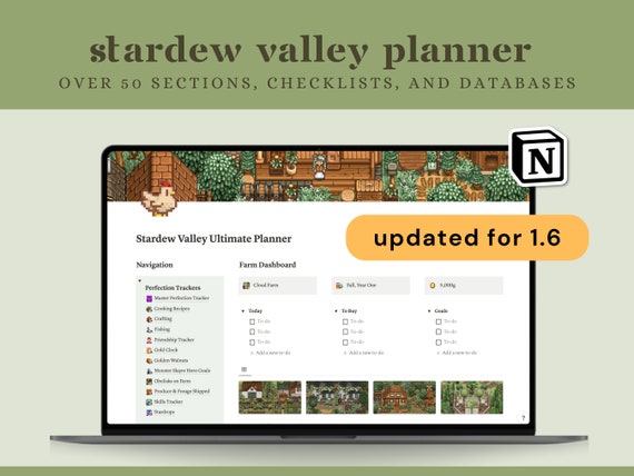Stardew Valley UPDATED v1.6 Notion Template, 1000+ Items, 50+ Sections, Perfection Tracker Planner, Checklists, Quests, Guides, Bundles