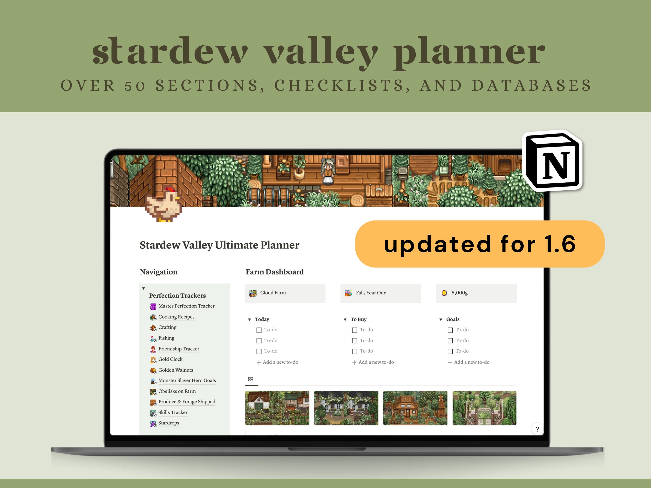 Stardew Valley UPDATED v1.6 Notion Template, 1000+ Items, 50+ Sections, Perfection Tracker Planner, Checklists, Quests, Guides, Bundles