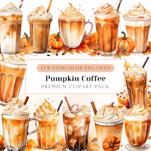 Pumpkin Coffee Clipart Pack, High-Quality PNGs, Transparent Background, Watercolor Autumn Drinks, Fall Spice Latte, Commercial License