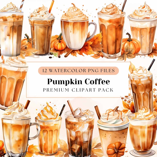 Pumpkin Coffee Clipart Pack, High-Quality PNGs, Transparent Background, Watercolor Autumn Drinks, Fall Spice Latte, Commercial License