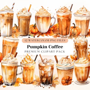 Pumpkin Coffee Clipart Pack, High-Quality PNGs, Transparent Background, Watercolor Autumn Drinks, Fall Spice Latte, DIY Crafts, Fall Fun