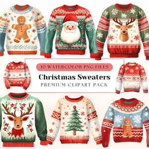 Pacchetto di clipart brutto maglione di Natale, PNG di alta qualità, sfondo trasparente, accogliente famiglia di abbinamento per le vacanze dell'acquerello, cartolina di Natale fai da te