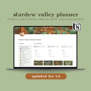 Stardew Valley V1.6+ Notion プランナー、1000 項目、50 以上のセクション、デジタル パーフェクション トラッカー、シーズン ガイド、チェックリスト、クエスト、バンドル